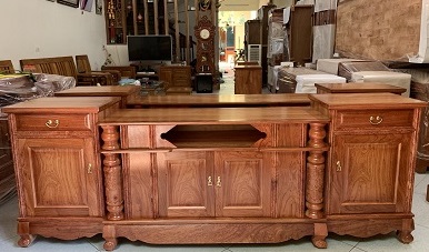 Kệ tivi gỗ Verneer xoan đào tự nhiên lau màu KVN09 kích thước Rộng 220 - 240 x Sâu 47 x Cao 83cm chất liệu Verneer sồi nga lau màu có 2 ngăn kéo, 4 cánh mở hiện đại