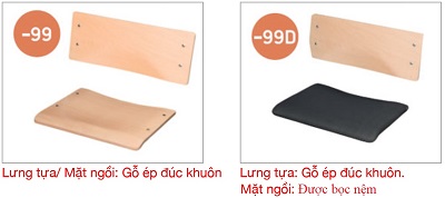 Lưng tá»±a: Gá»— ép đúc khuôn. lưng tá»±a, mặt ngồi: được bá»c nệm