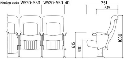 Bản vẽ kÃch thước chi tiết Bản vẽ thiết kế Ghế há»™i trưá»ng nhà hát kotobuki TSA-532544H GHT45
