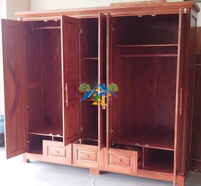 Thiết kế bên trong Tủ quần áo gỗ trắc 5 cánh cong, 3 buồng GTQA66