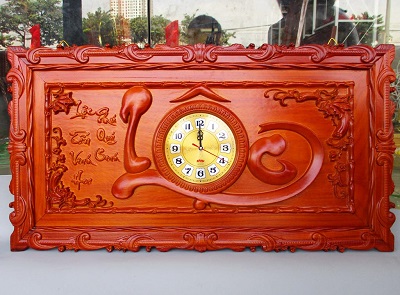 Tranh gỗ hương đỏ đồng hồ chữ lộc pu dát vàng TRG38 lộc tấn vin hoa phú quý sinh thư pháp