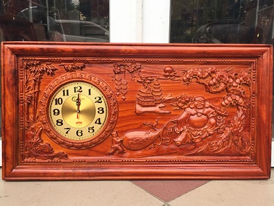 Tranh gỗ tự nhiên đồng hồ phật di lặc kéo bao tiền TRG48 tùng, trúc, mai sơn PU