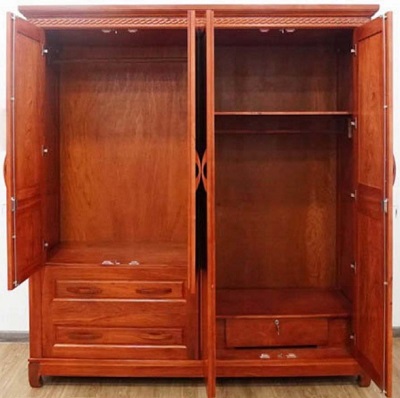 Bên trong tủ quần áo gỗ hương đá 2 buồng 2 ngan kéo