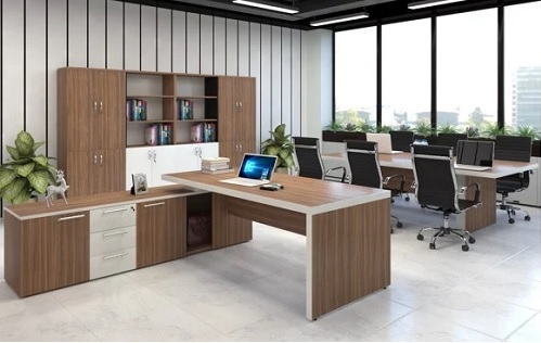 Mặt trong bàn gỗ ép kèm tủ phụ gỗ công nghiệp