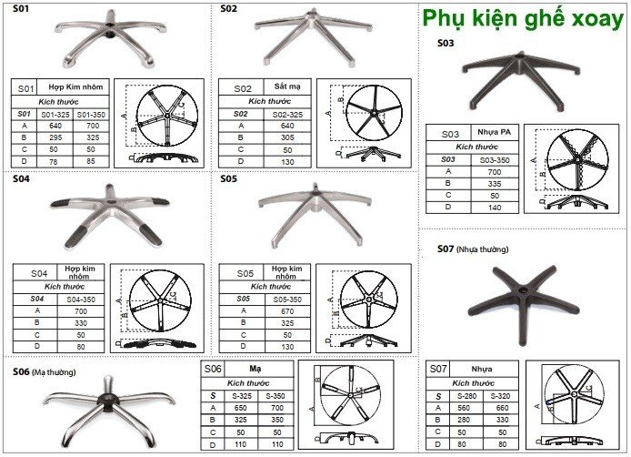 Mẫu chân ghế Sao nhựa, mạ Ni-Cr - CR+Niken, hợp kim nhôm