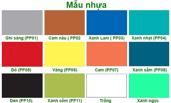 Bảng mẫu mầu ghế nhựa tựa đàn hồi mầu xanh, đỏ, vàng, cam, xanh cốm, xanh ngọc, trắng
