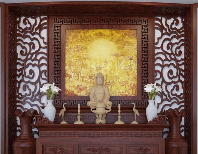 Vách ngăn gỗ MDF VG147 trang trí phòng thờ cắt trổ hoa văn mấy hình khánh truyền thống GHO-575