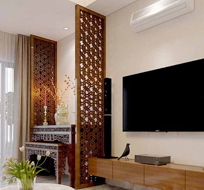 Vách gá»— phòng thá» hoa văn 3D VG139 tâm linh trong căn há»™ hiện đại GHO-582
