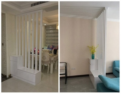 Vách gỗ trang trí kết hợp tủ để giầy phối mầu trắng VG06
