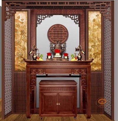 Ban thờ gỗ sồi tự nhiên kết hợp vách