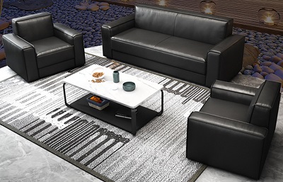 Ghế sofa bọc da đen kết hợp với 2 ghế đôn nhỏ