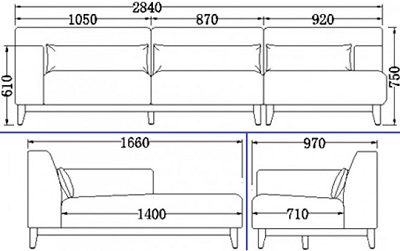 Thiết kế ghế sofa góc chữ L 2840mm