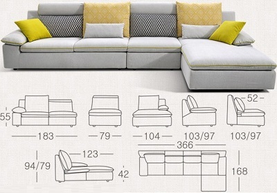 Thiết kế Ghế sofa bọc nỉ Kích thước 366 x 168 x 80 cm Dài x Rộng X Cao GSF236