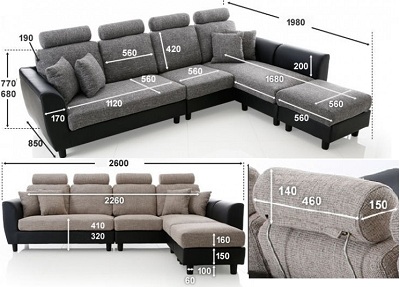 Thiết kế Ghế sofa bọc nỉ Kích thước 260x198x77cm Dài x Rộng X Cao GSF230