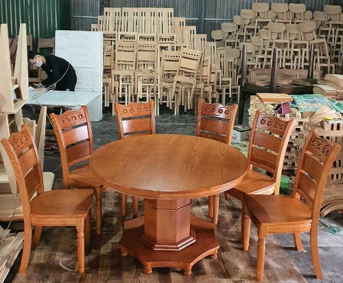 Bàn ăn mặt tròn 1200mm Chân hộp 6 ghế