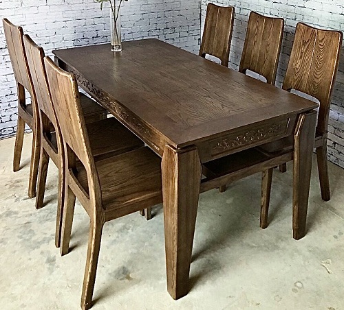 Bộ bàn ăn gỗi sồi chân kiếm PA109 sơn màu óc chó