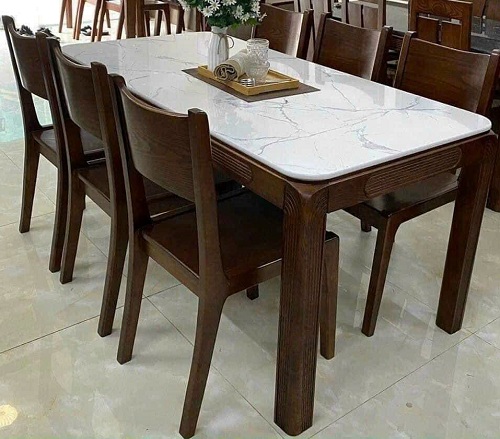 Bàn ăn gỗ sồi mặt đá lau màu óc chó