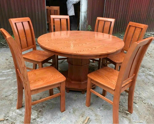 Bộ bàn ăn tròn gỗ sồi 6 ghế chân hộp sơn màu cánh gián PA74