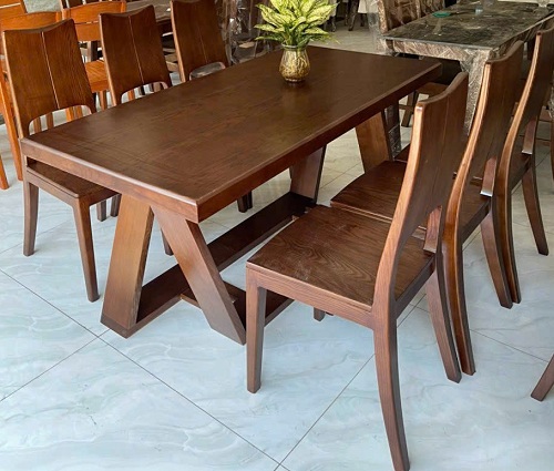 Bộ bàn ăn gỗ sồi lưng cao lau màu óc chó PA88