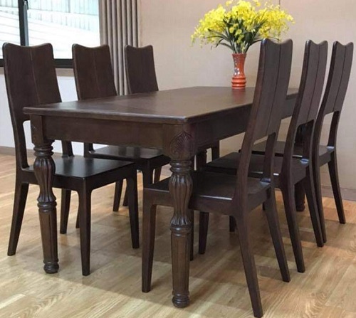 Bộ bàn ăn gỗ sồi chân trụ tiện tròn sơn màu óc chó PA92