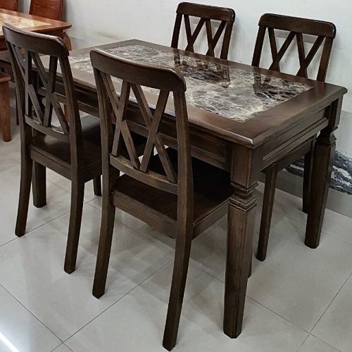 Bộ bàn ăn gỗ sồi mặt đá tự ghế X sơn màu óc chó PA94