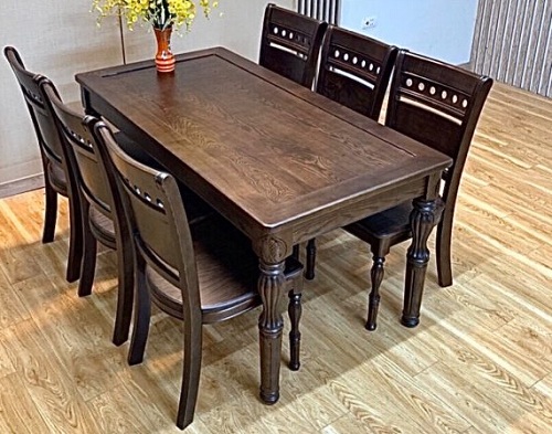 Bộ bàn ăn gỗ sồi sơn màu cánh gián mặt gỗ verneer PA92