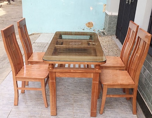 Bộ bà n ăn gỗ xoan đà o 2 tầng 4 ghế PA81