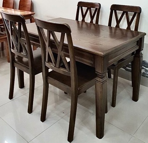 Bộ bàn ăn gỗ sồi chân trụ vuông sơn màu óc chó PA93
