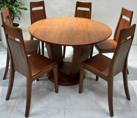 Bộ bàn ăn gỗi sồi mặt tròn chân thuyền PA108 sơn màu óc chó