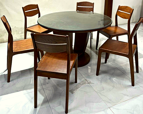 Bộ bàn ăn gỗi sồi mặt tròn chân thuyền PA108 ghế lưng thấp