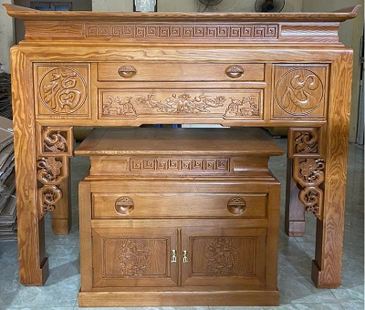 Bàn thờ đứng gỗ sồi chữ phúc tâm 153cm đẹp BTD22