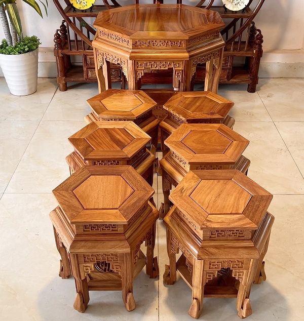Bộ bàn ghế đôn lục lăng gỗ gõ tự nhiên BTG2