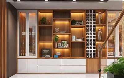 Tủ rượu gỗ MDF công nghiệp trắng kết hợp nâu vân gỗ