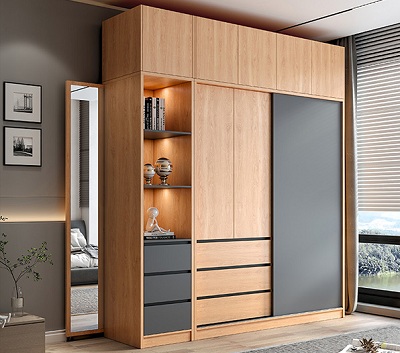 Tủ quần áo hiện đại cửa lùa GMDF129 bằng Gỗ MDF lõi xanh phủ Melamine thiết kế gồm tủ chính, tủ đỉnh, tủ góc đơn, cánh cửa lùa, 6 ngăn kéo