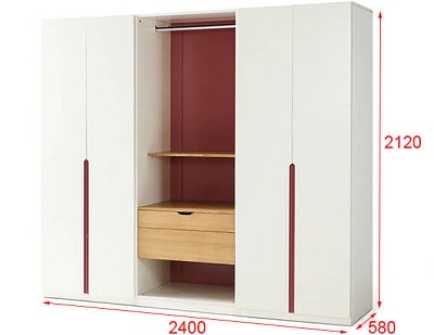 Tủ quần áo bằng gỗ MDF phun sơn GMDF203 kích thước Rộng 2400 x 580 x 2120mm Màu trắng - đỏ thiết kế tủ chính được làm bằng gỗ MDF lõi xanh chống ẩm rộng rãi