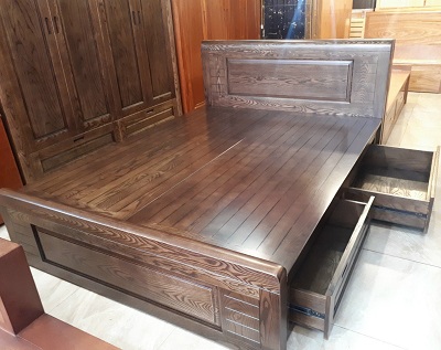 Giường ngủ gỗ verneer sồi lau óc chó có ngăn kéo GN64