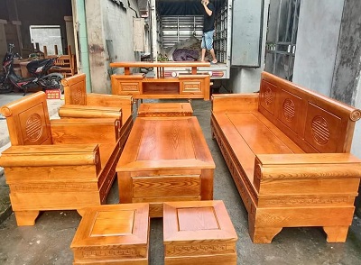 Bàn ghế dáng pháo gỗ sồi 230cm BGG12 Ghế văng dài : 2300x750mm