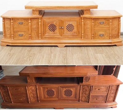 Kệ tivi gỗ gõ đỏ vát cạnh cánh chạm tổ ong KTV135