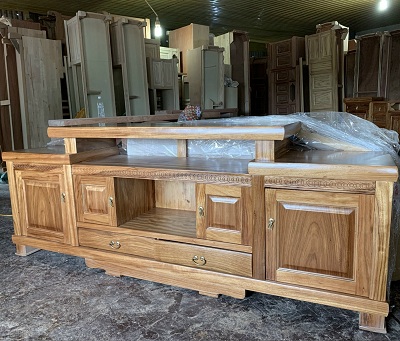 Kệ để tivi gỗ hương xám thớt trên 2m2 KVN15 kích thước Rộng 200, 220, 240 x Sâu 40 x Cao 76cm chất liệu Verneer gỗ hương xám có 2 ngăn kéo