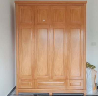 Tủ quần áo gỗ gõ 4 cánh hai tầng GTQA81 Rộng 190 x Cao 255 x Sâu 55-57cm thiết kế nhỏ gọn được chia thành 3 buồng trên và buồng dưới