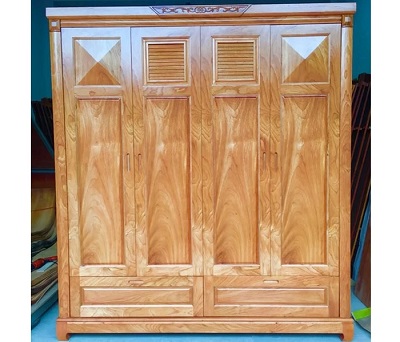 Tủ quần áo gỗ gõ đỏ 4 cánh 2 ngăn kéo cao cấp GTQA75 Rộng 190 Cao 212 Sâu 55-57cm thiết kế nhỏ gọn được chia thành 2 buồng, 4 cánh và 3 ngăn kéo tay nắm âm