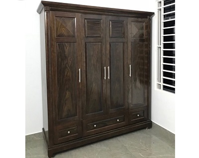 Thiết kế bên trong Tủ quần áo gỗ mun 4 cánh hiện đại, 2 buồng GTQA70