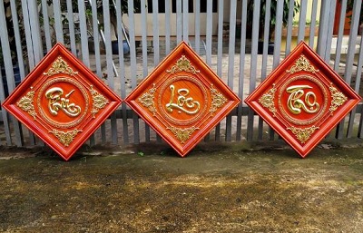 Tranh gỗ hương huyết chữ phúc lộc thọ TRG09 kích thước Cao 47 x Rộng 47 x Dầy 3cm dát vàng 24k đài loan tranh treo tường phòng khách phòng thờ