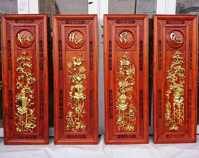 Bộ tranh tứ quý bình hoa mai sen cúc tùng hương đỏ TTQ10 may mắn