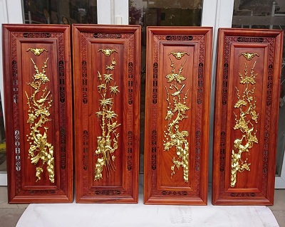 Tranh gỗ tứ quý tùng trúc cúc mai cánh chim may mắn dát vàng TTQ06