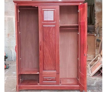 Tủ quần áo gỗ gội 3 cánh giá rẻ GTQA96 Rộng 1500mm 2 buồng 1 ngăn kéo