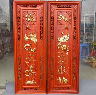 Tranh gỗ cha mẹ đôi câu đối dát vàng TCM01 công lao của cham mẹ