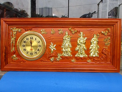 Tranh gỗ đồng hồ thư pháp phúc lộc thọ tam đa TRG46 cây trúc cây mai