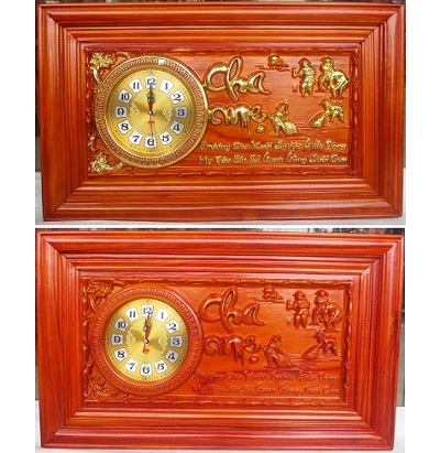 Tranh gỗ đồng hồ chữ cha mẹ sơn PU dát vàng TRG19