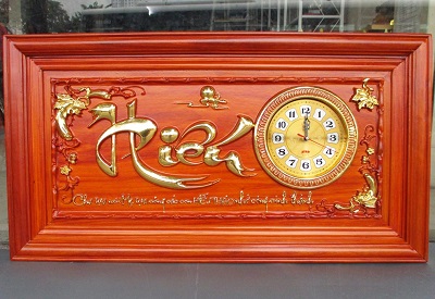 Tranh đồng hồ chữ hiếu gỗ hương đỏ nam phi TRG24 dát vàng